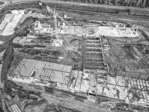 Construction work on the site, aerial view from top down of health buildings
