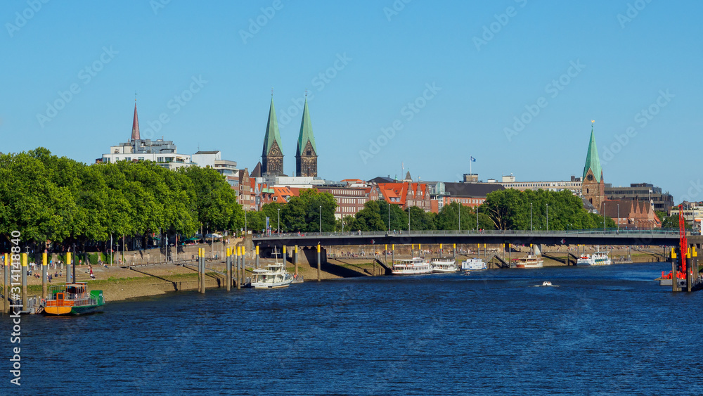 Cityscape along the Weser river in Bremen, Germany