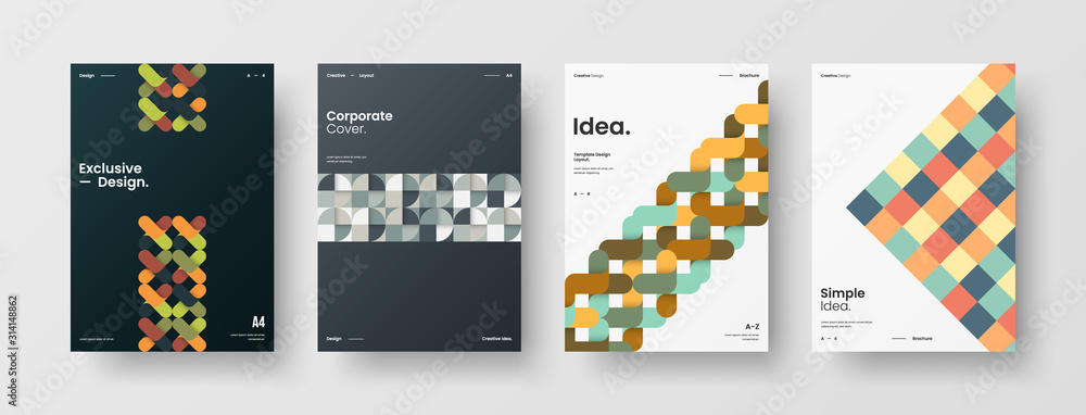 Business presentation vector A4 vertical orientation front page mock up set. Corporate report cover abstract geometric illustration design layout bundle. Company identity brochure template collection.