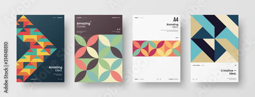 Business presentation vector A4 vertical orientation front page mock up set. Corporate report cover abstract geometric illustration design layout bundle. Company identity brochure template collection.