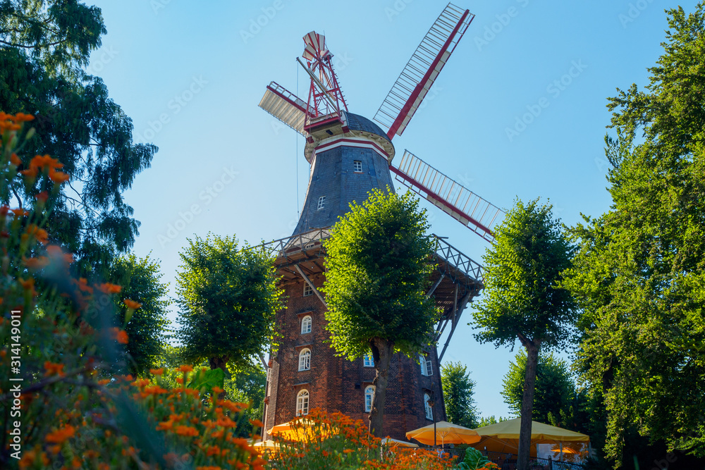 Windmill near a river in Bremen, Germany