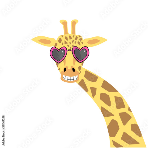 Cute giraffe illustration in heart-shaped sunglasses. Vector illustration in flat style for St. Valentine Day.