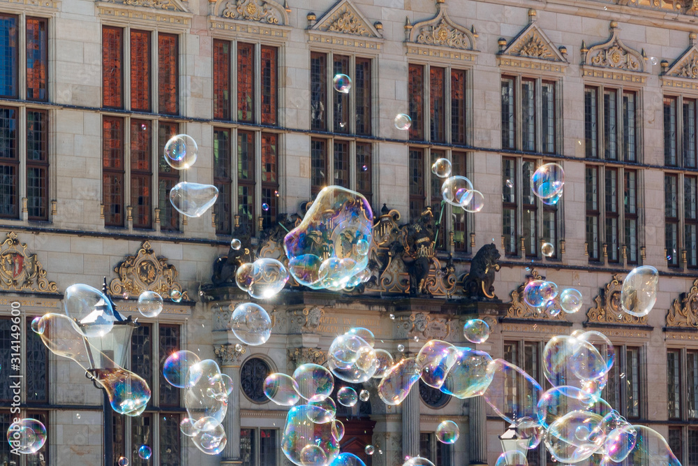 Soap bubbles in the main square of Bremen, Germany