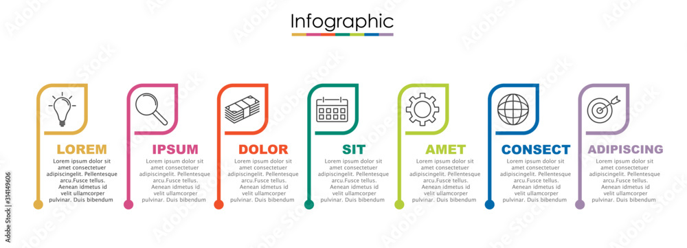 Vector infographic template with seven steps or options. Illustration presentation with line elements icons.  Business concept design can be used for web, brochure, diagram
