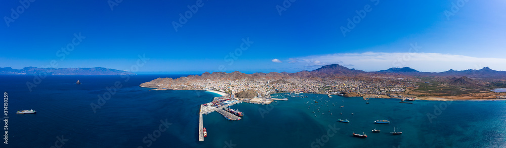 Naklejka premium Aerial panoramic view of Mindelo waterfront in Sao Vicente Island in Cape Verde