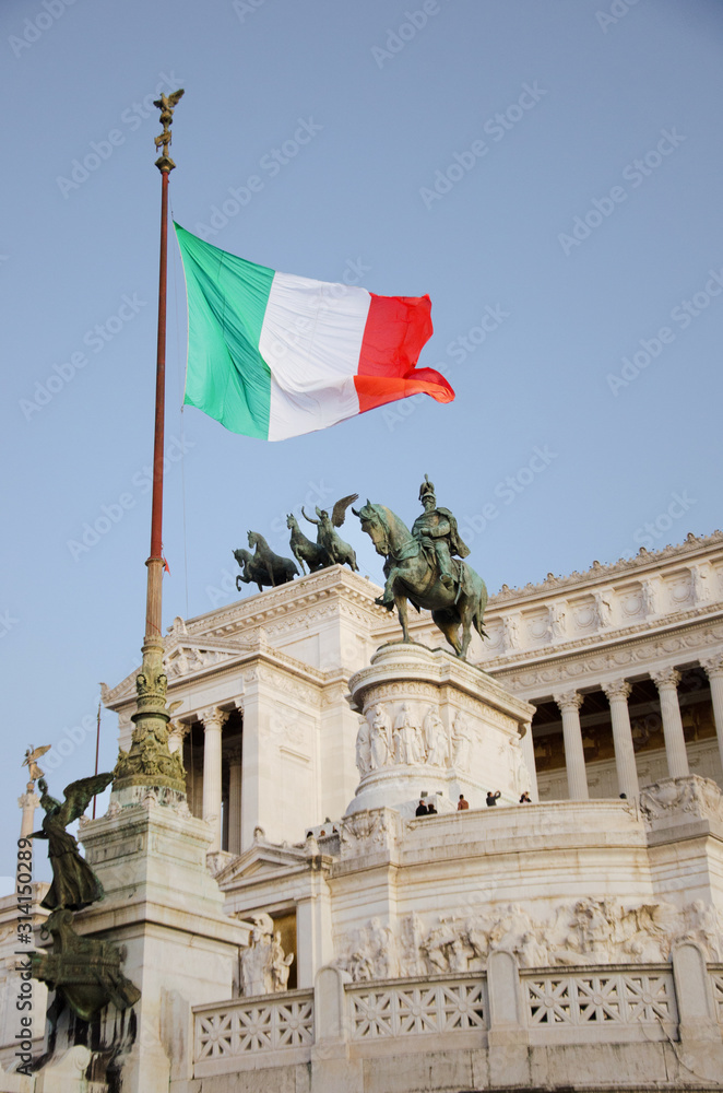 Italian flag near Piazza Venezia Rome, Italy. Capitoline