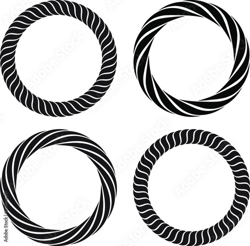 Set of four round marine rope frames isolated on the white background for decoration in marine style.
