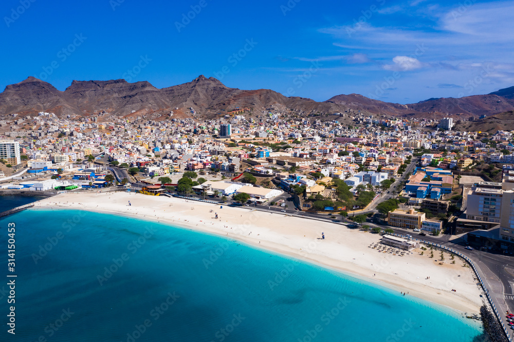 Aerial view of Laginha beach in Mindelo city in Sao Vicente Island in Cape Verde