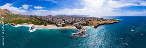 Fototapeta Naklejka Na Ścianę i Meble -  Panoramic aerial view of Tarrafal beach in Santiago island in Cape Verde - Cabo Verde