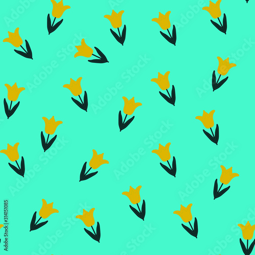 Trendy orange Wildflower tulip turquoise seamless pattern . Spring florals on background, texture, wrapper pattern