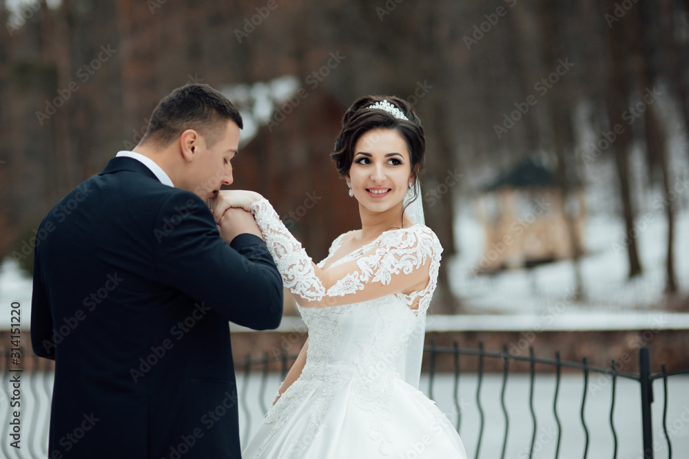 Naklejka premium Newlyweds in winter park are walking around. Handsome groom and beautiful bride surrounded by snow. Winter wedding. The groom kisses the bride's hand