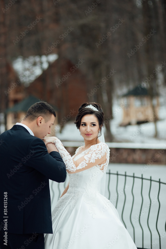 Naklejka premium Newlyweds in winter park are walking around. Handsome groom and beautiful bride surrounded by snow. Winter wedding. The groom kisses the bride's hand