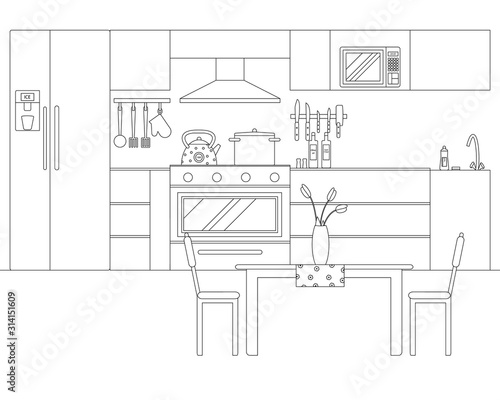 Vector Illustration of Kitchen in Line Art Style. Interior of Cook Room with Modern Furniture, Household Appliances, Cooking Facilities. Monochrome Outline Illustration of Kitchen with Dining Table
