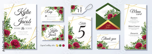 Wedding Invitation, menu, rsvp, label, table number, envelope. Floral design with green and gold watercolor leaves, red rose decorative frame print. Vector elegant cute rustic greeting, invite postcar