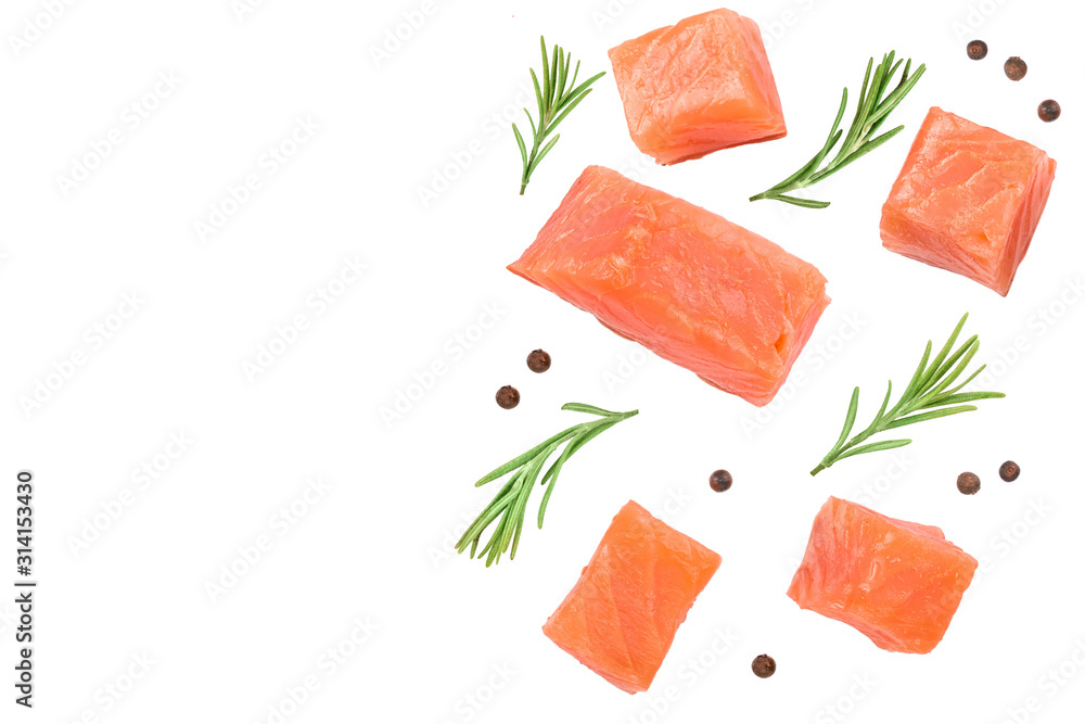 Slice of red fish salmon with rosemary peppercorns isolated on white background with copy space for your text. Top view Slice of red fish salmon with rosemary peppercorns isolated on white background with copy space for your text. Top view