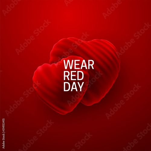 National wear red day. Vector holiday illustration of realistic inflated fabric hearts. Awareness day of women heart desease prevention. Medical cardiology concept. Healthcare banner design