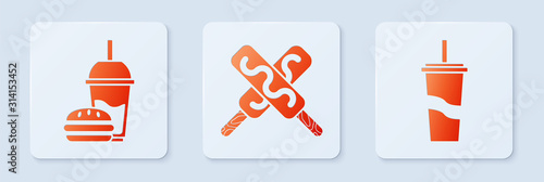 Set Ice cream, Paper glass with drinking straw and burger and Paper glass with drinking straw and water. White square button. Vector