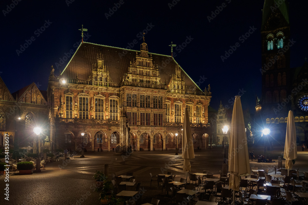 Famous City Hall on the ancient Market Square in the centre of the Hanseatic City of Bremen at night, Germany