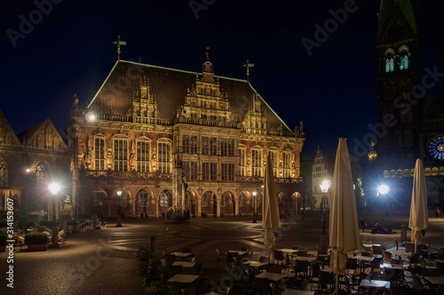 Famous City Hall on the ancient Market Square in the centre of the Hanseatic City of Bremen at night, Germany