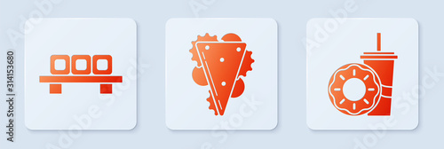 Set Sandwich, Sushi on cutting board and Paper glass with drinking straw and donut. White square button. Vector