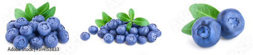 fresh blueberry with leaves isolated on white background closeup. Set or collection