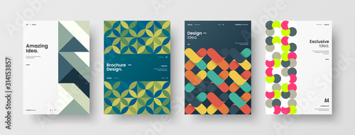 Business presentation vector A4 vertical orientation front page mock up set. Corporate report cover abstract geometric illustration design layout bundle. Company identity brochure template collection.