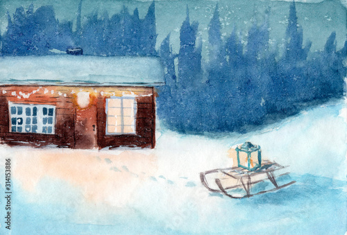 A little watercolor scandinavian wooden hut and a sled with a lantern in a winter night