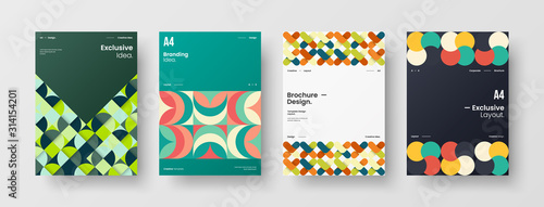 Business presentation vector A4 vertical orientation front page mock up set. Corporate report cover abstract geometric illustration design layout bundle. Company identity brochure template collection.