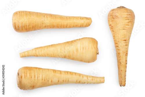 Parsnip root isolated on white background closeup. Top view. Flat lay. Set or collection