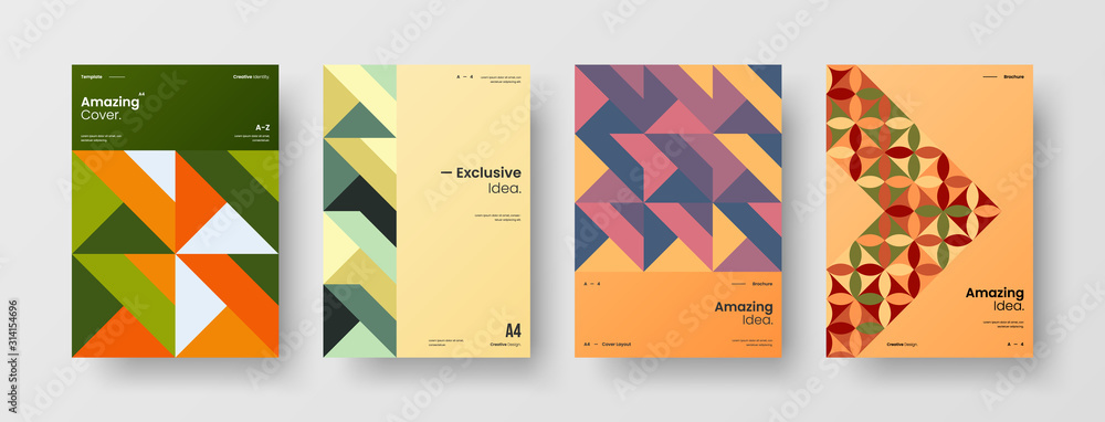 Business presentation vector A4 vertical orientation front page mock up set. Corporate report cover abstract geometric illustration design layout bundle. Company identity brochure template collection.