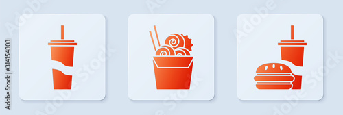 Set Asian noodles in paper box and chopsticks, Paper glass with drinking straw and water and Paper glass with drinking straw and burger. White square button. Vector