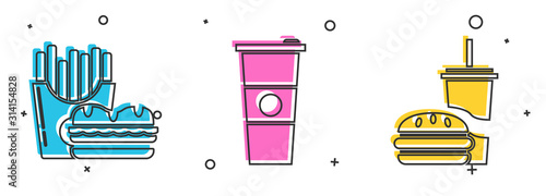 Set Burger and french fries in carton package box, Paper glass and water and Paper glass with drinking straw and burger icon. Vector