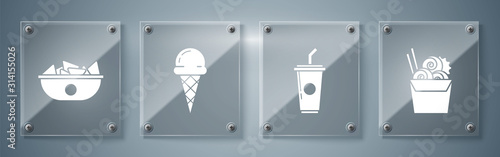 Set Asian noodles in paper box and chopsticks, Paper glass with drinking straw and water, Ice cream in waffle cone and Nachos in plate. Square glass panels. Vector