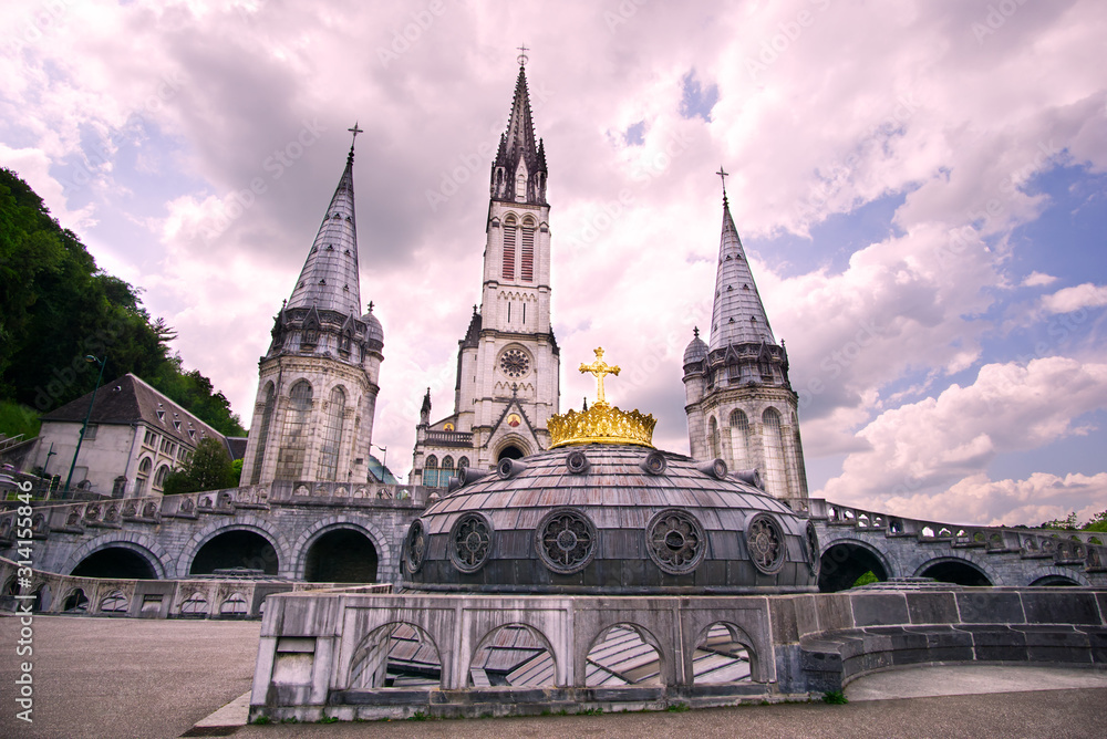 The Rosary Basilica of Our Lady of Immaculate Conception. Lourdes, France, major place of catholic pilgrimage.   