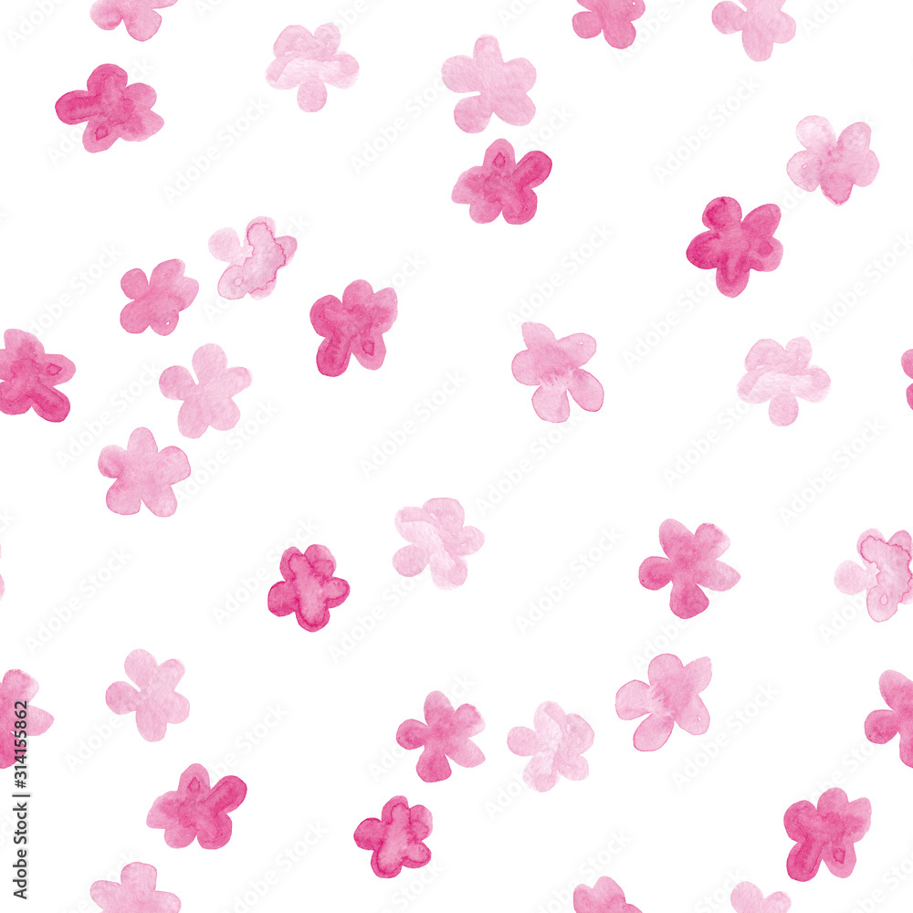 Little light pink flowers watercolor painting - hand drawn seamless pattern on white background