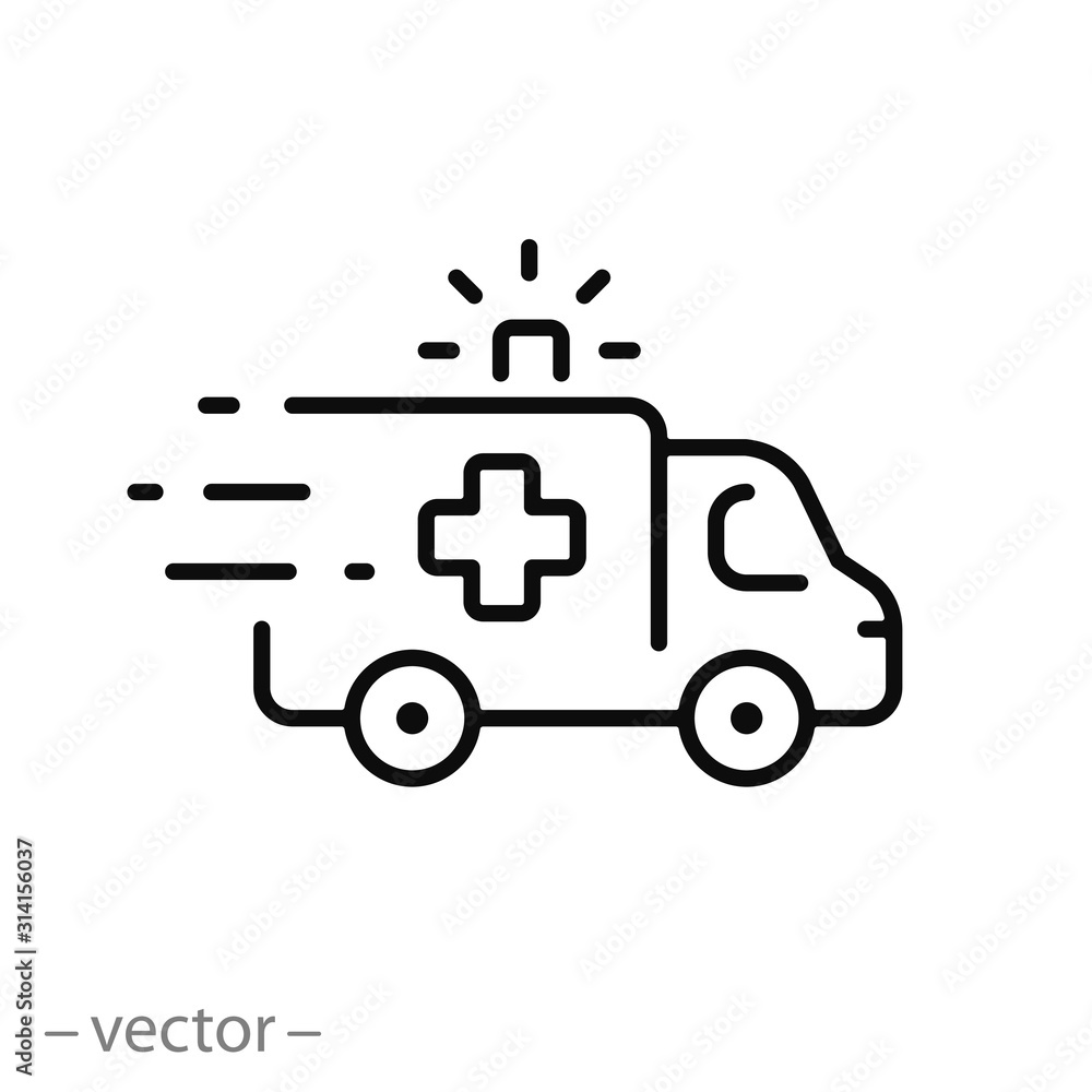 ambulance icon, outline emergency car, medicine van, care medic support, thin line web symbol on white background - editable stroke vector illustration eps10