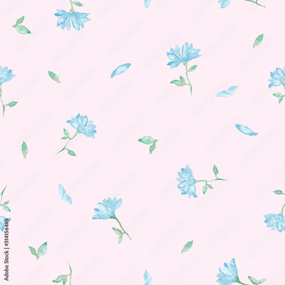 Little blue flowers watercolor painting - hand drawn seamless pattern on pink background Little blue flowers watercolor painting - hand drawn seamless pattern on pink background