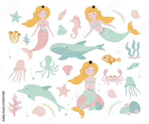 Set with sea creatures and a little mermaid on a white background. Vector illustration for printing on fabric  postcard  packaging paper  gift products  Wallpaper  clothing. Cute children s background