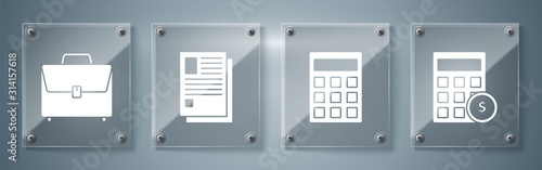 Set Calculator with dollar symbol, Calculator, File document and Briefcase. Square glass panels. Vector