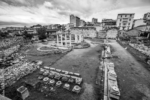 black and white photo of Remains of the Roman Agora built in Athens during the Roman period. Greece