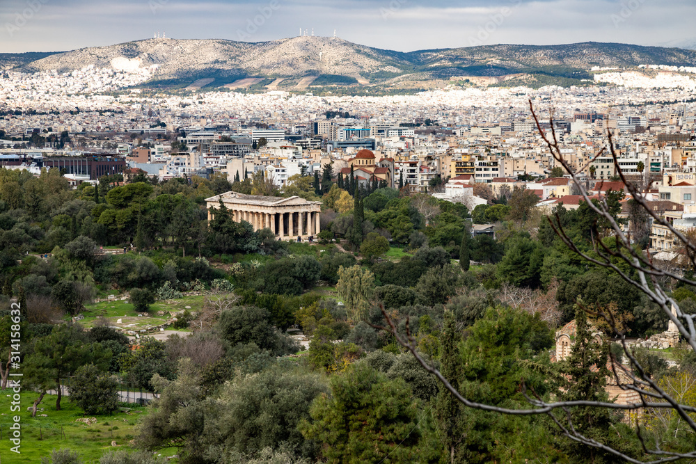 landscape of city and the Ancient Agora of Classical Athens seen from the Acropolis, Greece