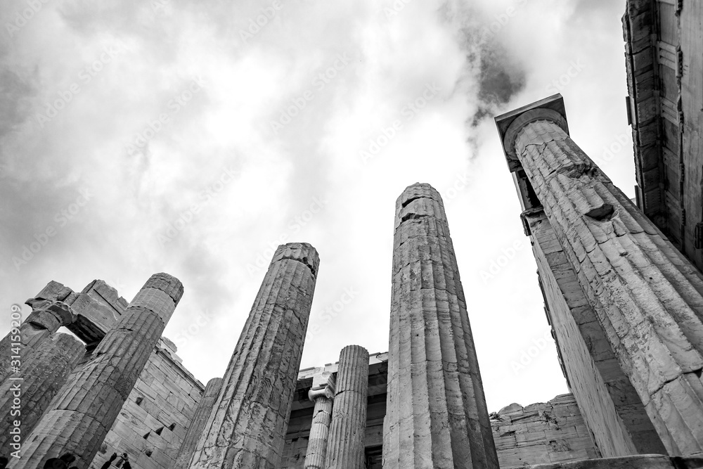 black and white photo of the Propylaea, the monumental gateway to the Acropolis of Athens, Greece