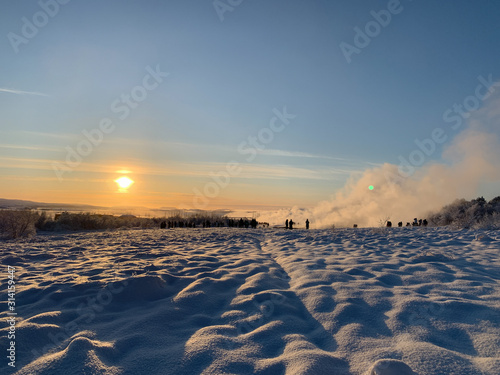 Geysir geothermal area on the Golden Circle in Iceland in the winter snow