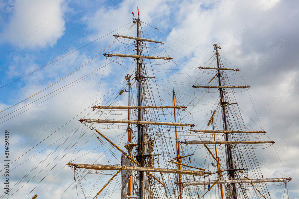 Close up of the rig of an old sailing vessel in the harbor of the German city Kiel in summer