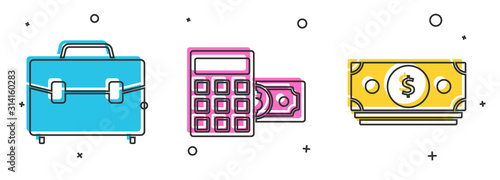 Set Briefcase, Calculator with dollar symbol and Stacks paper money cash icon. Vector