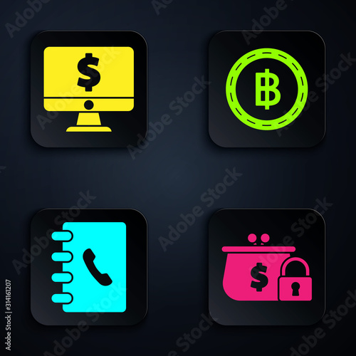 Set Closed wallet with lock, Computer monitor with dollar symbol, Address book and Cryptocurrency coin Bitcoin. Black square button. Vector