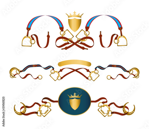 Horse equipment on white background. Use it for makeing web or print posters, logo and frame design for equine competitions or stable. Vector illustration.