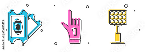 Set American Football ticket, Number 1 one fan hand glove with finger raised and Bright stadium lights icon. Vector