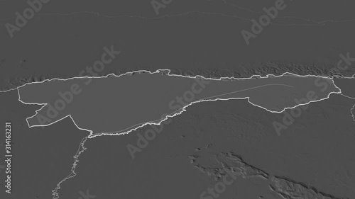 Otdar Mean Chey, province with its capital, zoomed and extruded on the bilevel map of Cambodia in the conformal Stereographic projection. Animation 3D photo