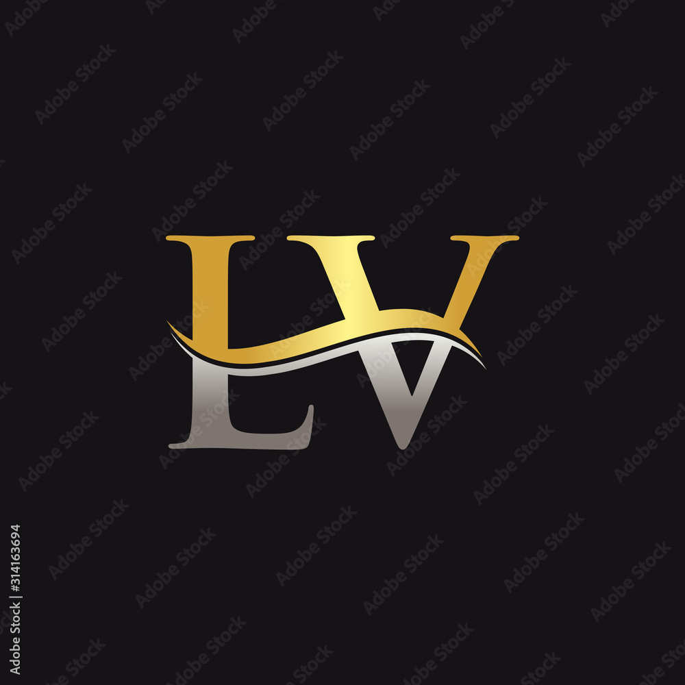 Initial Gold And Silver letter LV Logo Design with black Background.  Abstract Letter LV logo Design Stock Vector